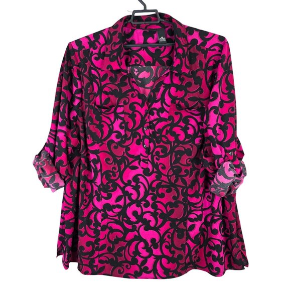 Womens Maggie Barnes Pink & Black Scroll Blouse Button-Up Roll-Tab Sleeves 4X - Picture 1 of 8